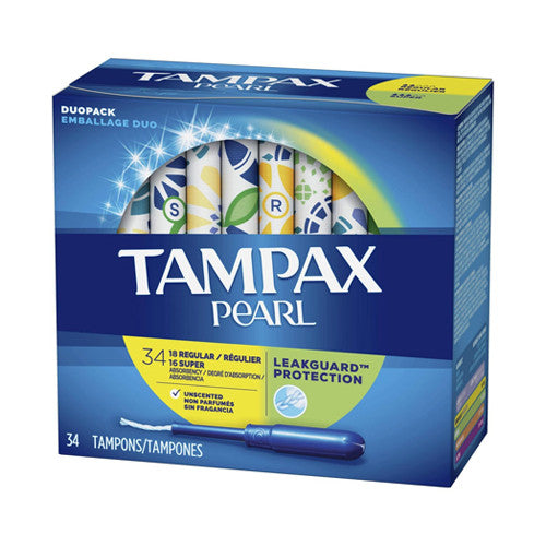 Tampax Pearl Duopack Plastic Tampons Regular and Super, Unscented, 34 Ea